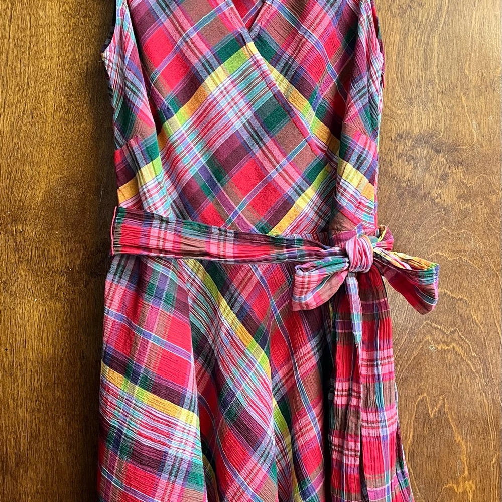 ⭐️LAUREN RALPH LAUREN PINK MULTI PLAID TARTAN CRINKLE SLEEVELESS DRESS NWT SZ 12